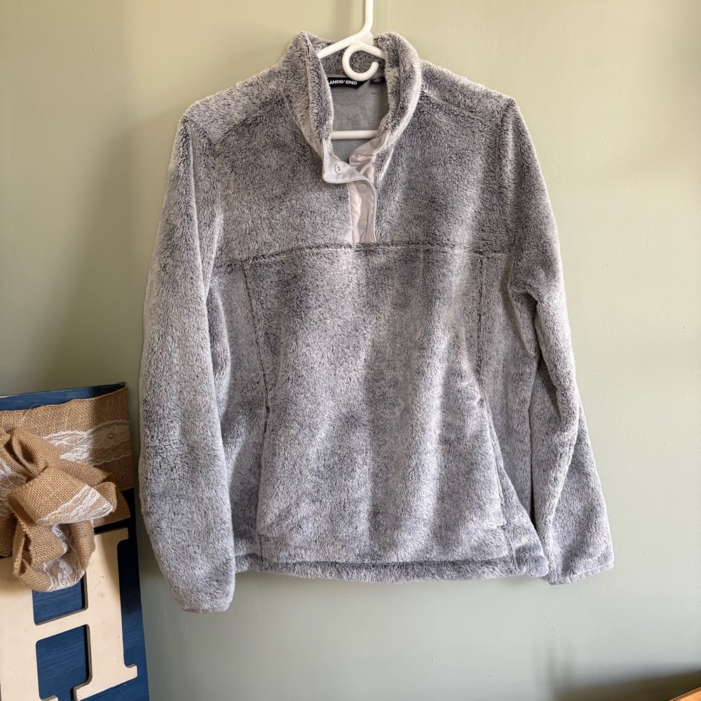 Lands' End Light Gray Plush Zip-Up Fleece Pullover